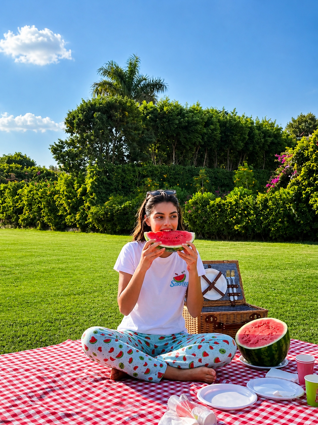 Snooze More Unisex Watermelon Pants – waistband and fit detail